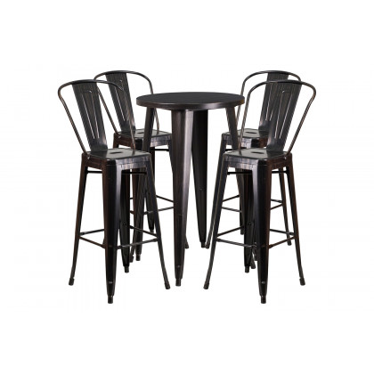BLNK Dexter Commercial Round Metal Indoor-Outdoor Bar Table Set with 4 Cafe Stools - Black/Antique Gold