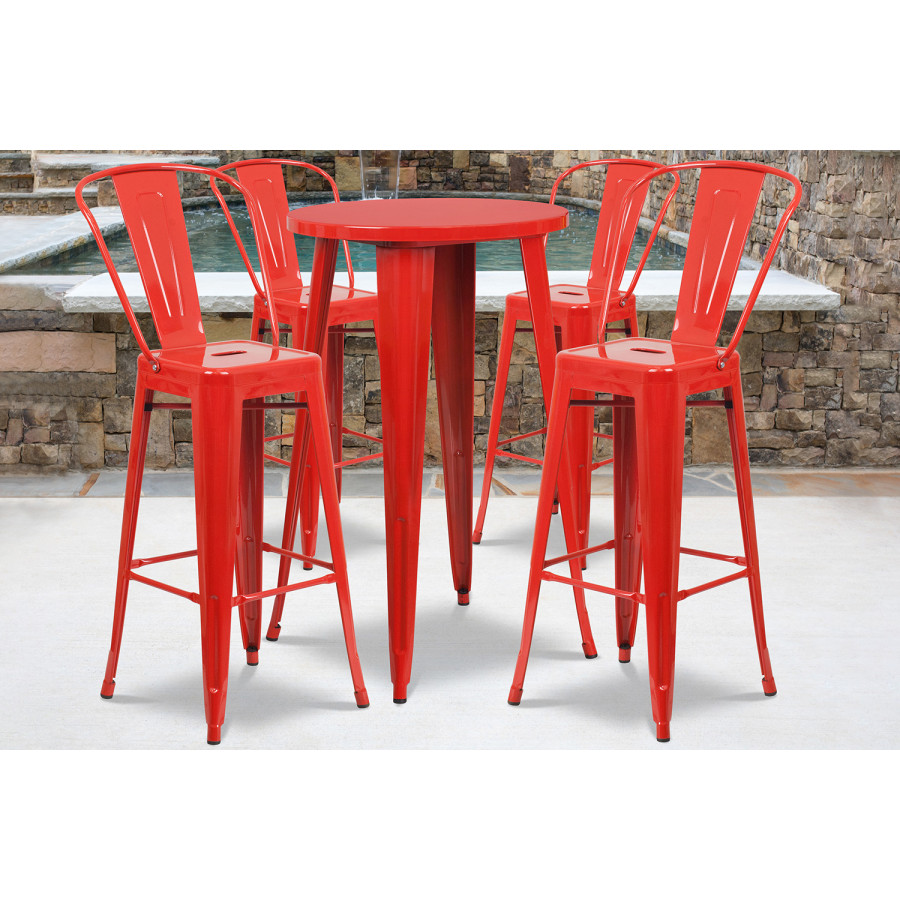 BLNK Dexter Commercial Round Metal Indoor-Outdoor Bar Table Set with 4 Cafe Stools - Red