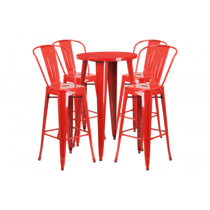 BLNK Dexter Commercial Round Metal Indoor-Outdoor Bar Table Set with 4 Cafe Stools - Red