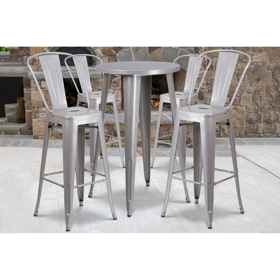 BLNK Dexter Commercial Round Metal Indoor-Outdoor Bar Table Set with 4 Cafe Stools - Silver