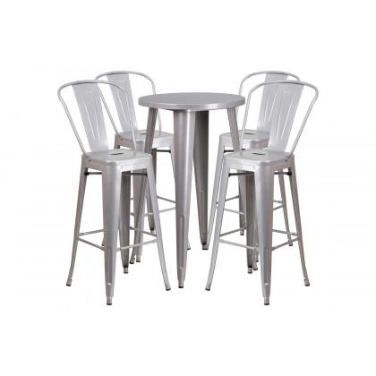 BLNK Dexter Commercial Round Metal Indoor-Outdoor Bar Table Set with 4 Cafe Stools - Silver
