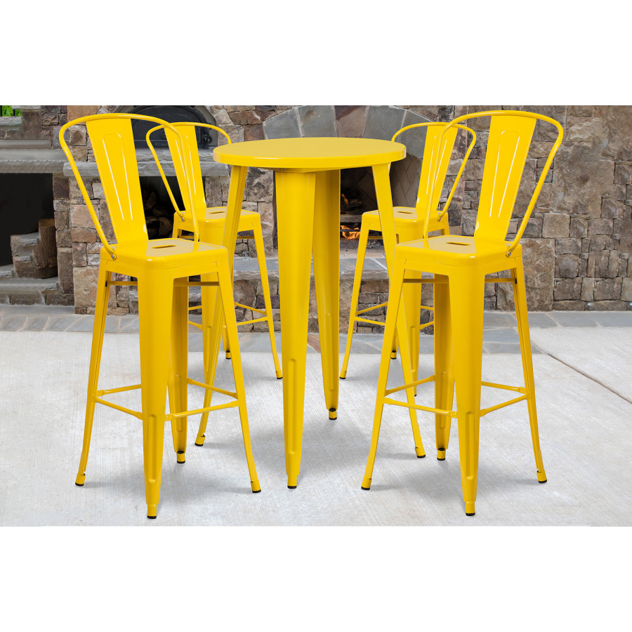 BLNK Dexter Commercial Round Metal Indoor-Outdoor Bar Table Set with 4 Cafe Stools - Yellow