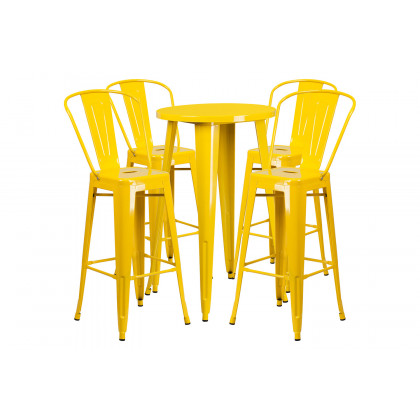 BLNK Dexter Commercial Round Metal Indoor-Outdoor Bar Table Set with 4 Cafe Stools - Yellow