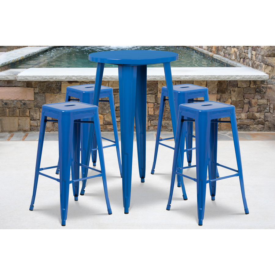 BLNK Ormsby Commercial Round Metal Indoor-Outdoor Bar Table Set with 4 Square Seat Backless Stools - Blue