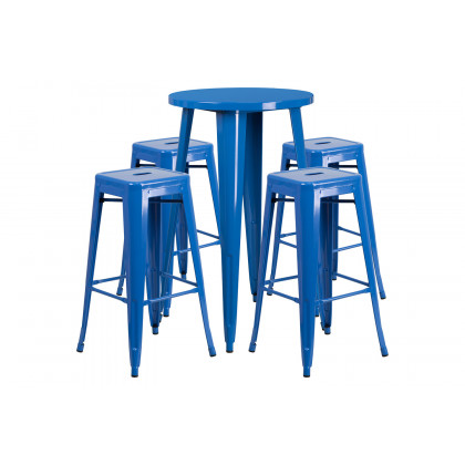 BLNK Ormsby Commercial Round Metal Indoor-Outdoor Bar Table Set with 4 Square Seat Backless Stools - Blue