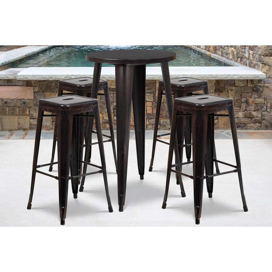BLNK Ormsby Commercial Round Metal Indoor-Outdoor Bar Table Set with 4 Square Seat Backless Stools - Black/Antique Gold