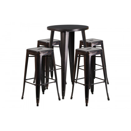 BLNK Ormsby Commercial Round Metal Indoor-Outdoor Bar Table Set with 4 Square Seat Backless Stools - Black/Antique Gold