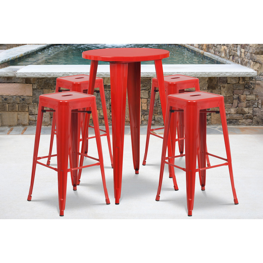 BLNK Ormsby Commercial Round Metal Indoor-Outdoor Bar Table Set with 4 Square Seat Backless Stools - Red