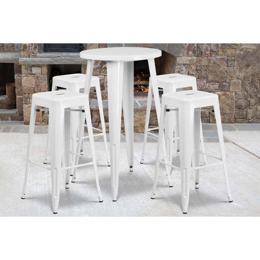 BLNK Ormsby Commercial Round Metal Indoor-Outdoor Bar Table Set with 4 Square Seat Backless Stools - Silver