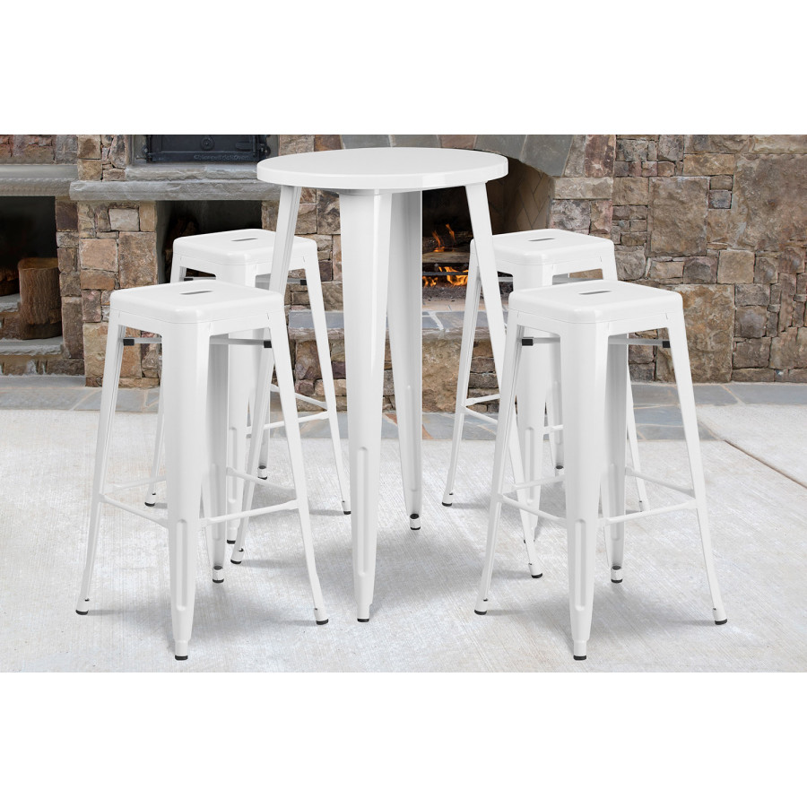 BLNK Ormsby Commercial Round Metal Indoor-Outdoor Bar Table Set with 4 Square Seat Backless Stools - White