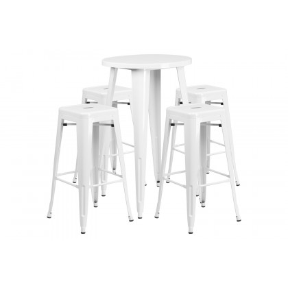 BLNK Ormsby Commercial Round Metal Indoor-Outdoor Bar Table Set with 4 Square Seat Backless Stools - White