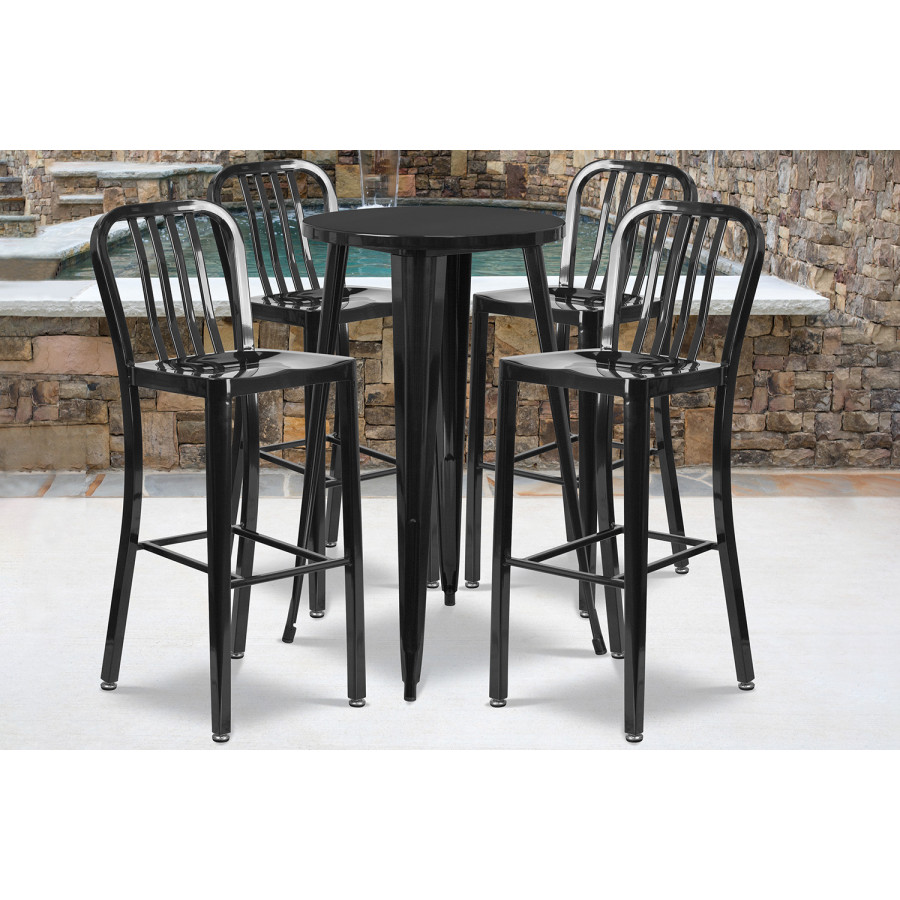 BLNK Richard Commercial Round Metal Indoor-Outdoor Bar Table Set with 4 Vertical Slat Back Stools - Black