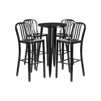 BLNK Richard Commercial Round Metal Indoor-Outdoor Bar Table Set with 4 Vertical Slat Back Stools - Black