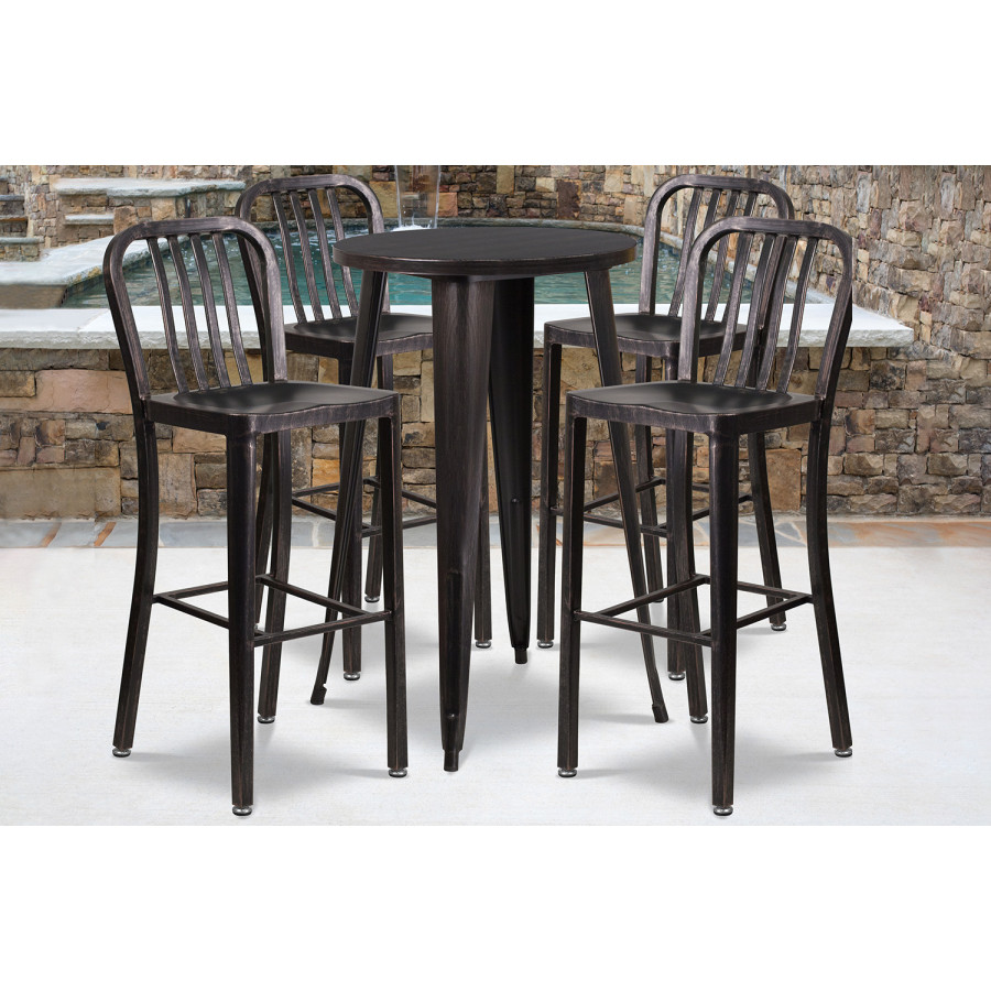 BLNK Richard Commercial Round Metal Indoor-Outdoor Bar Table Set with 4 Vertical Slat Back Stools - Black/Antique Gold