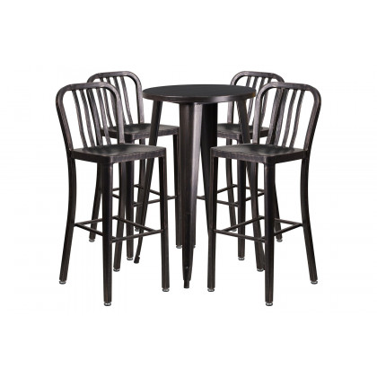 BLNK Richard Commercial Round Metal Indoor-Outdoor Bar Table Set with 4 Vertical Slat Back Stools - Black/Antique Gold