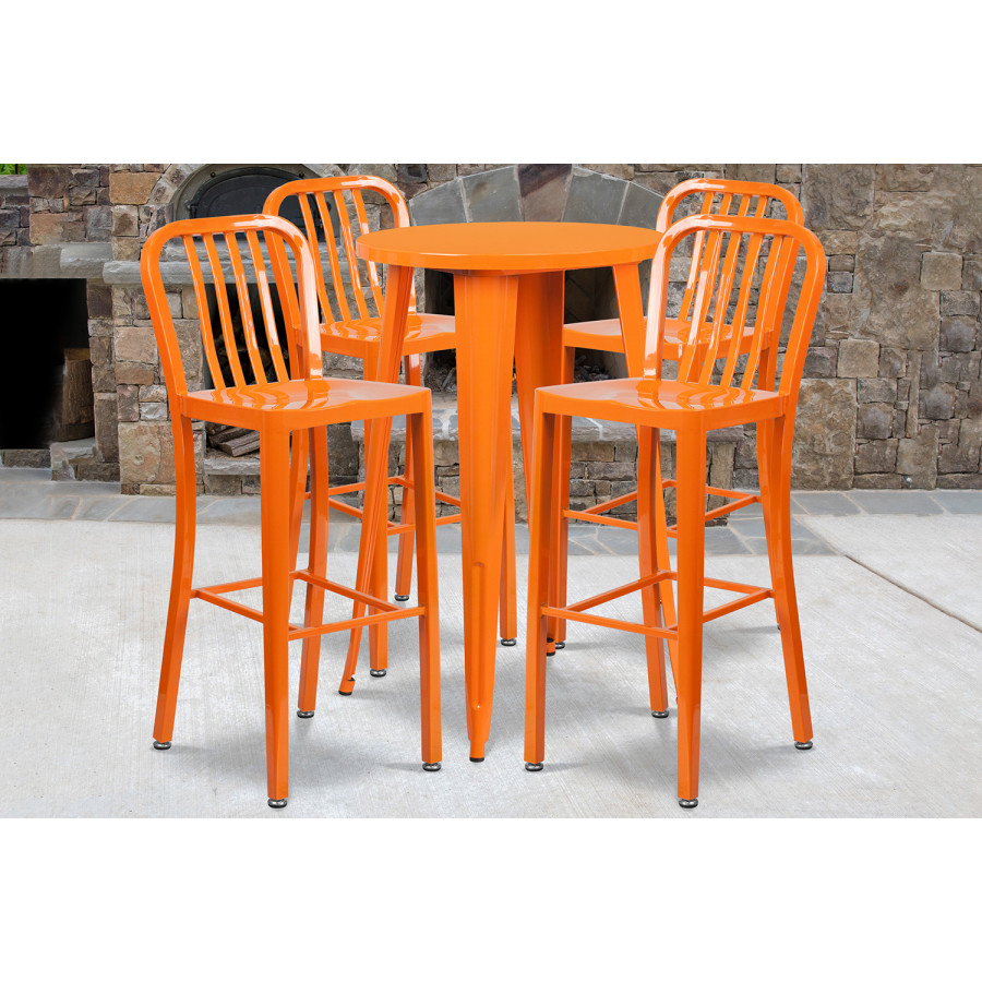 BLNK Richard Commercial Round Metal Indoor-Outdoor Bar Table Set with 4 Vertical Slat Back Stools - Orange