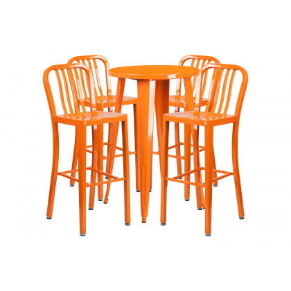 BLNK Richard Commercial Round Metal Indoor-Outdoor Bar Table Set with 4 Vertical Slat Back Stools - Orange