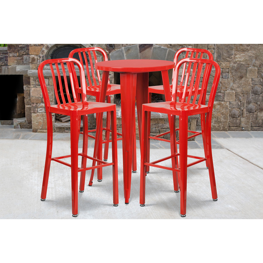 BLNK Richard Commercial Round Metal Indoor-Outdoor Bar Table Set with 4 Vertical Slat Back Stools - Red