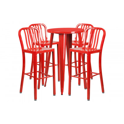 BLNK Richard Commercial Round Metal Indoor-Outdoor Bar Table Set with 4 Vertical Slat Back Stools - Red