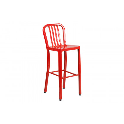 BLNK Richard Commercial Round Metal Indoor-Outdoor Bar Table Set with 4 Vertical Slat Back Stools - Red