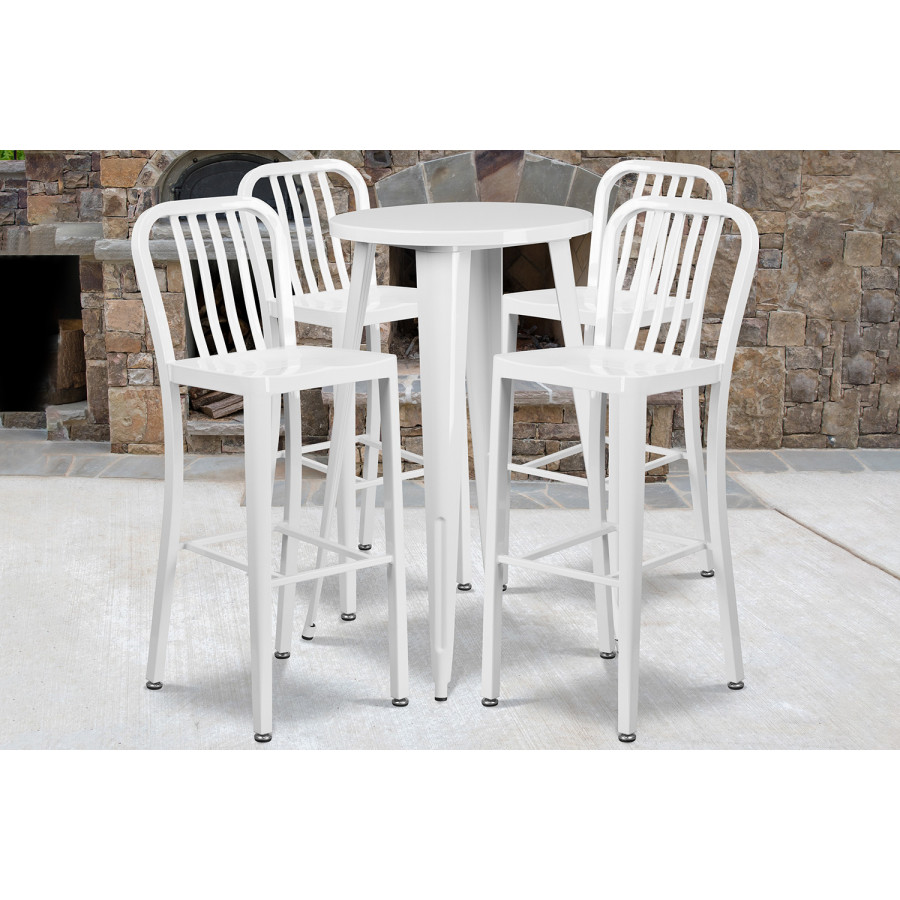 BLNK Richard Commercial Round Metal Indoor-Outdoor Bar Table Set with 4 Vertical Slat Back Stools - White