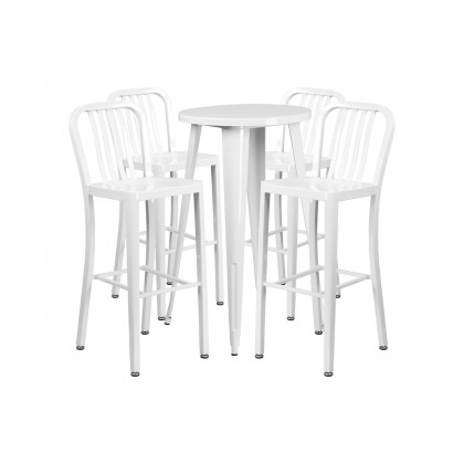 BLNK Richard Commercial Round Metal Indoor-Outdoor Bar Table Set with 4 Vertical Slat Back Stools - White