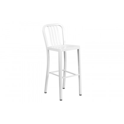 BLNK Richard Commercial Round Metal Indoor-Outdoor Bar Table Set with 4 Vertical Slat Back Stools - White