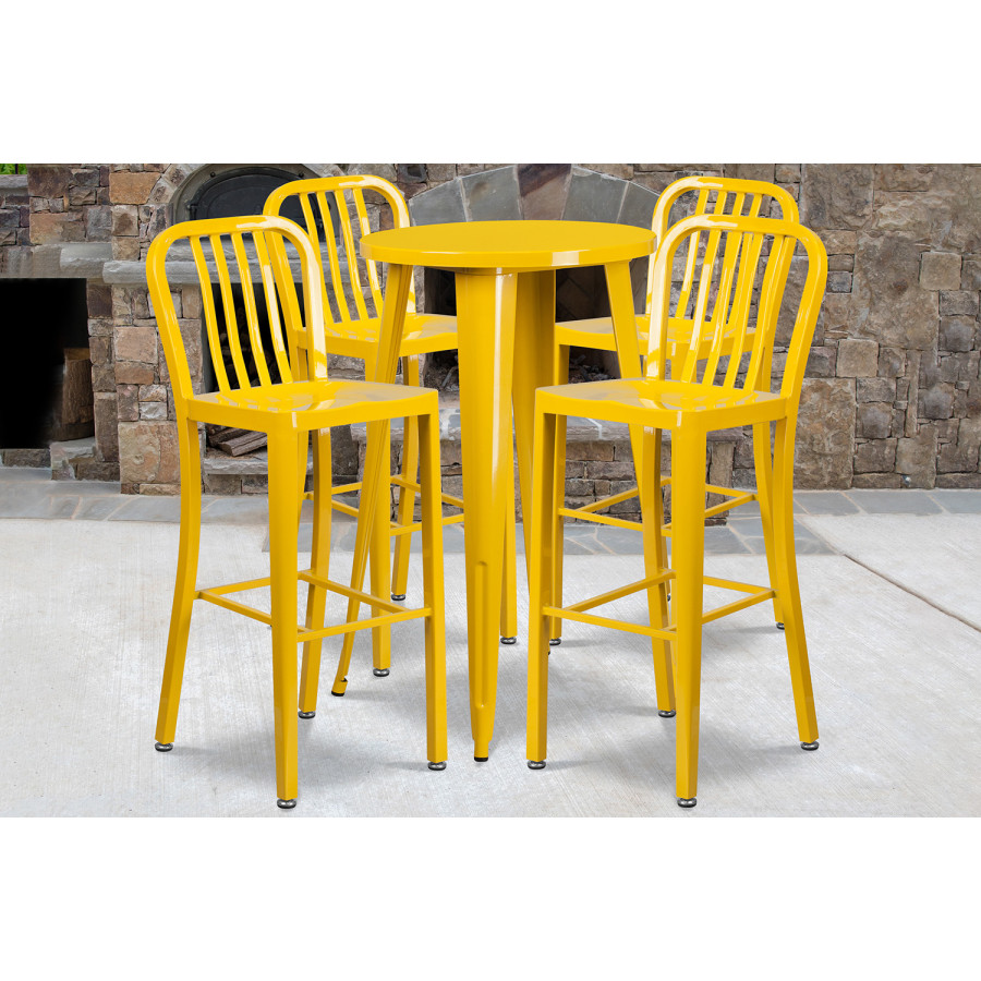 BLNK Richard Commercial Round Metal Indoor-Outdoor Bar Table Set with 4 Vertical Slat Back Stools - Yellow