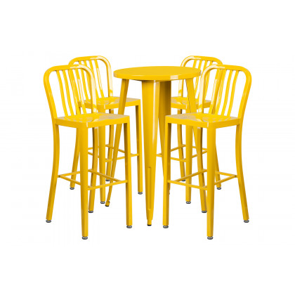 BLNK Richard Commercial Round Metal Indoor-Outdoor Bar Table Set with 4 Vertical Slat Back Stools - Yellow