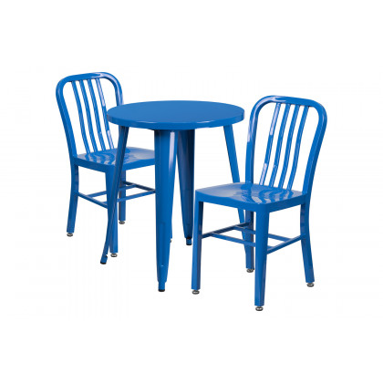 BLNK Napoleon Commercial Round Metal Indoor-Outdoor Table Set with 2 Vertical Slat Back Chairs - Blue