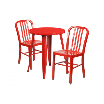 BLNK Napoleon Commercial Round Metal Indoor-Outdoor Table Set with 2 Vertical Slat Back Chairs - Red