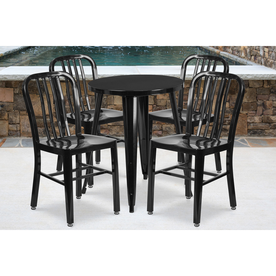 BLNK Thomas Commercial Round Metal Indoor-Outdoor Table Set with 4 Vertical Slat Back Chairs - Black