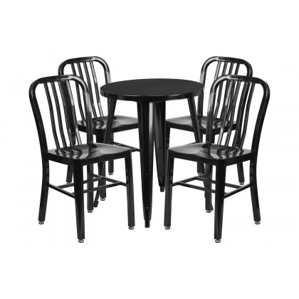 BLNK Thomas Commercial Round Metal Indoor-Outdoor Table Set with 4 Vertical Slat Back Chairs - Black