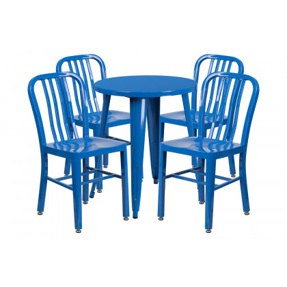 BLNK Thomas Commercial Round Metal Indoor-Outdoor Table Set with 4 Vertical Slat Back Chairs - Blue