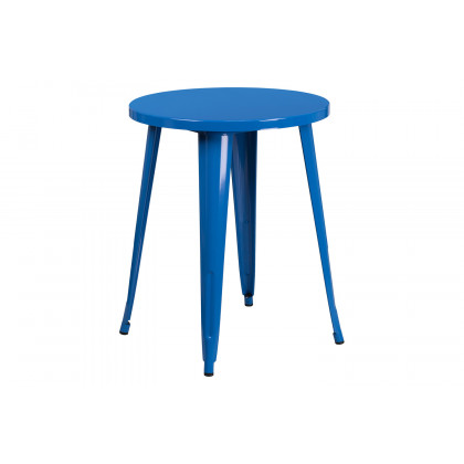 BLNK Thomas Commercial Round Metal Indoor-Outdoor Table Set with 4 Vertical Slat Back Chairs - Blue