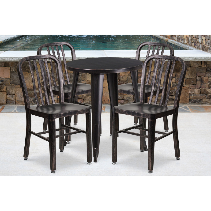 BLNK Thomas Commercial Round Metal Indoor-Outdoor Table Set with 4 Vertical Slat Back Chairs - Black/Antique Gold