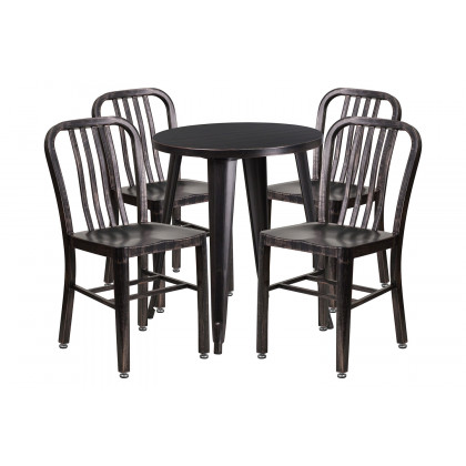 BLNK Thomas Commercial Round Metal Indoor-Outdoor Table Set with 4 Vertical Slat Back Chairs - Black/Antique Gold