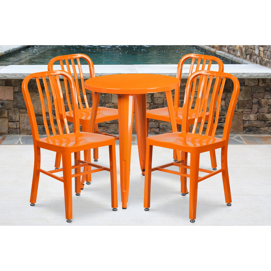 BLNK Thomas Commercial Round Metal Indoor-Outdoor Table Set with 4 Vertical Slat Back Chairs - Orange