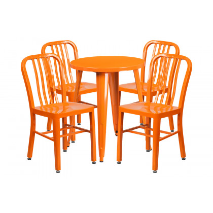 BLNK Thomas Commercial Round Metal Indoor-Outdoor Table Set with 4 Vertical Slat Back Chairs - Orange