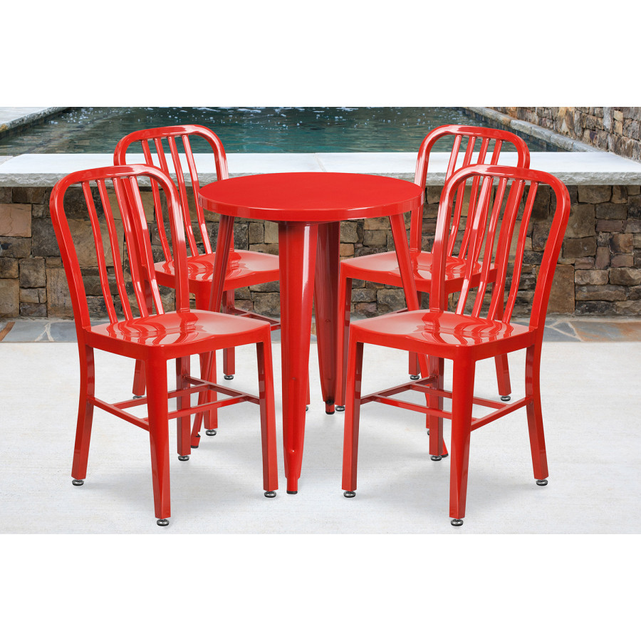 BLNK Thomas Commercial Round Metal Indoor-Outdoor Table Set with 4 Vertical Slat Back Chairs - Red