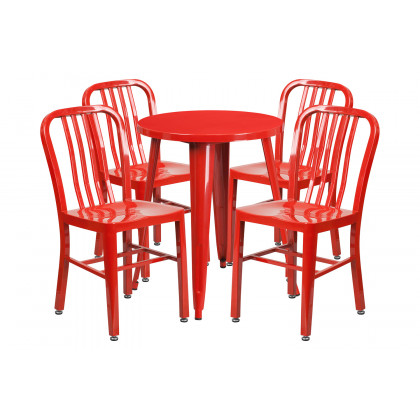 BLNK Thomas Commercial Round Metal Indoor-Outdoor Table Set with 4 Vertical Slat Back Chairs - Red