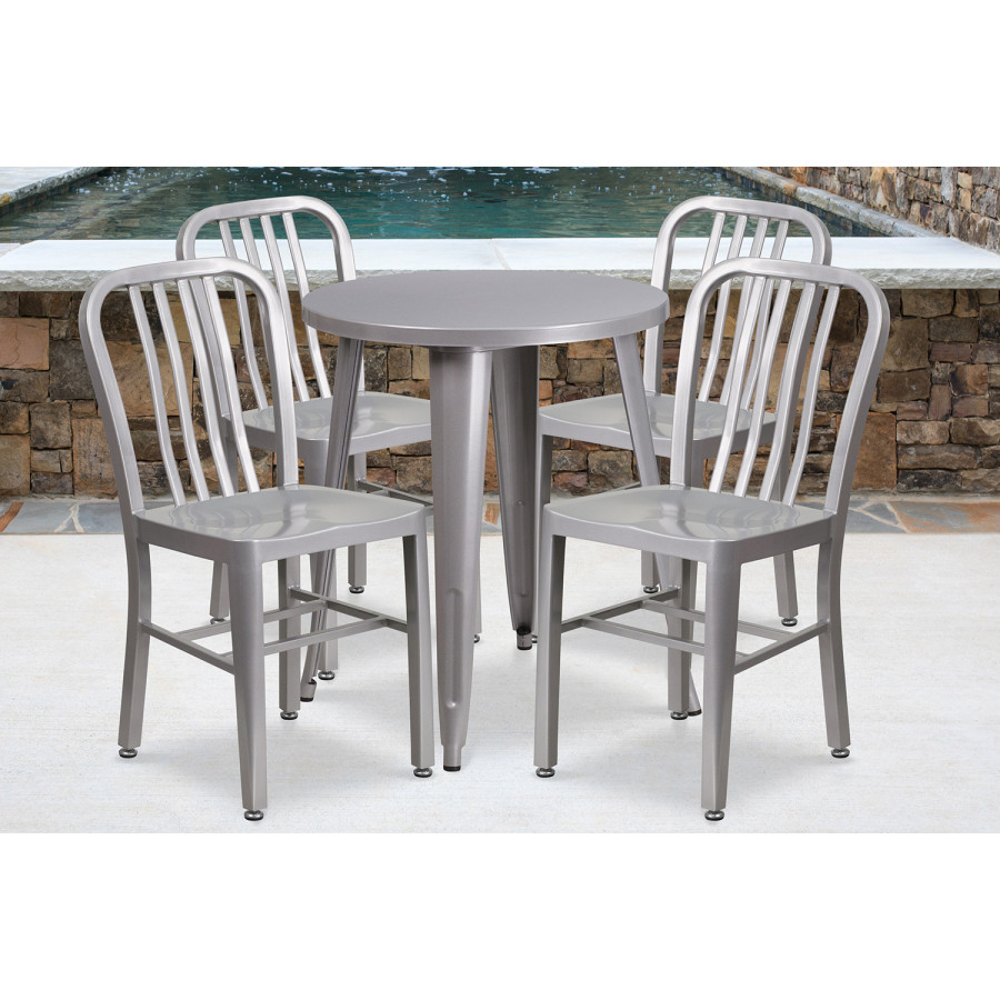 BLNK Thomas Commercial Round Metal Indoor-Outdoor Table Set with 4 Vertical Slat Back Chairs - Silver