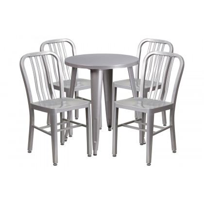 BLNK Thomas Commercial Round Metal Indoor-Outdoor Table Set with 4 Vertical Slat Back Chairs - Silver
