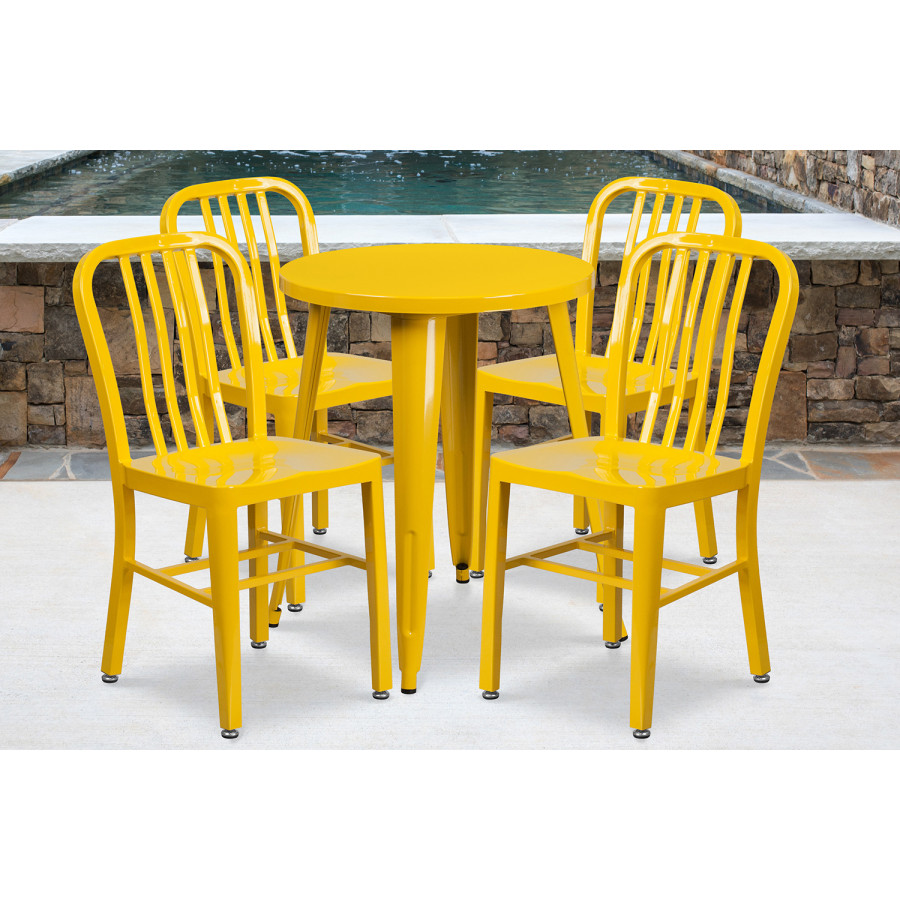 BLNK Thomas Commercial Round Metal Indoor-Outdoor Table Set with 4 Vertical Slat Back Chairs - Yellow