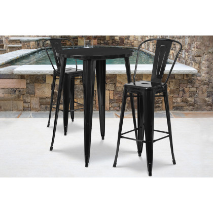 BLNK - Caron Commercial Round Metal Indoor-Outdoor Bar Table Set with 2 Cafe Stools