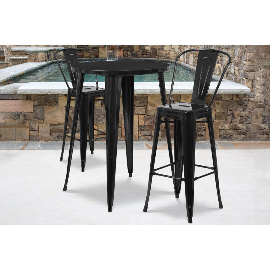 BLNK Caron Commercial Round Metal Indoor-Outdoor Bar Table Set with 2 Cafe Stools - Black