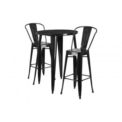 BLNK Caron Commercial Round Metal Indoor-Outdoor Bar Table Set with 2 Cafe Stools - Black