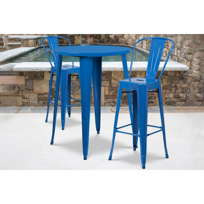 BLNK - Caron Commercial Round Metal Indoor-Outdoor Bar Table Set with 2 Cafe Stools