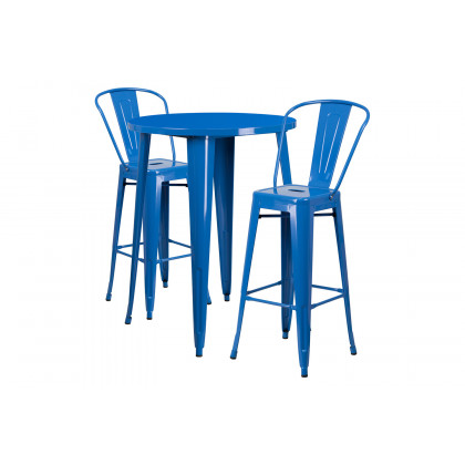 BLNK Caron Commercial Round Metal Indoor-Outdoor Bar Table Set with 2 Cafe Stools - Blue