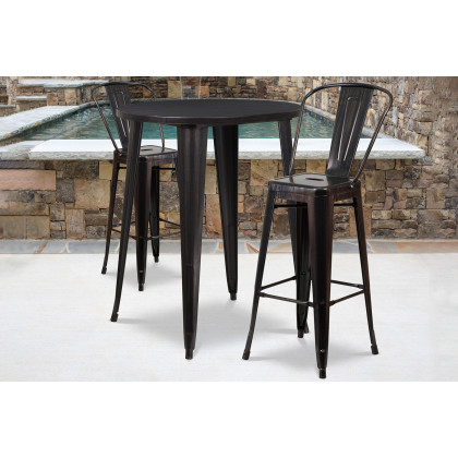 BLNK - Caron Commercial Round Metal Indoor-Outdoor Bar Table Set with 2 Cafe Stools